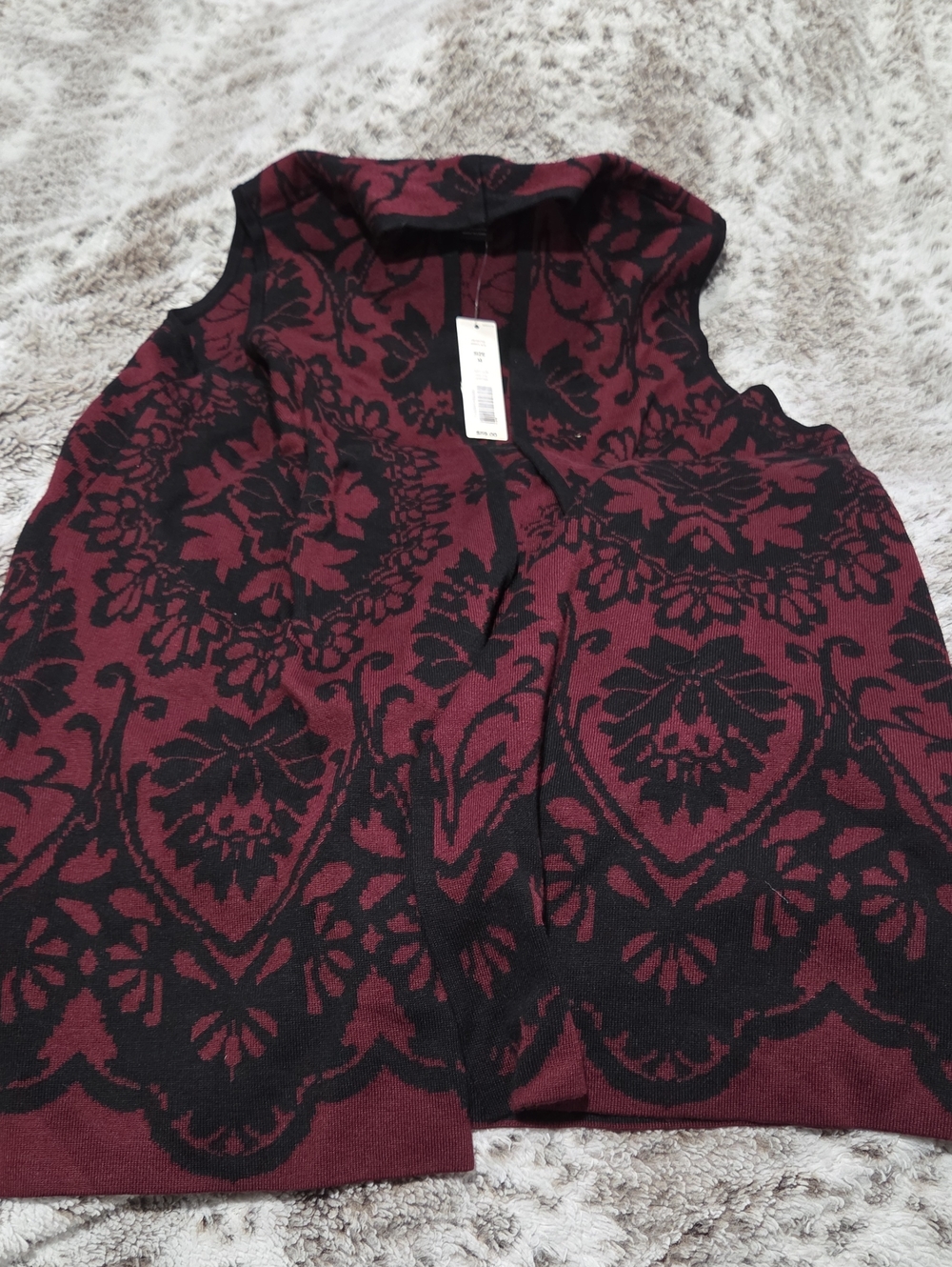 Investments Burgundy & Black Floral Jacquard Open-Front Vest